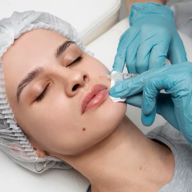 a woman getting cheek filler injection